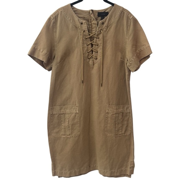 J. Crew Lace up V-Neck Canvas Short Sleeve Khaki Midi Dress Safari Summer 10 - Picture 2 of 10